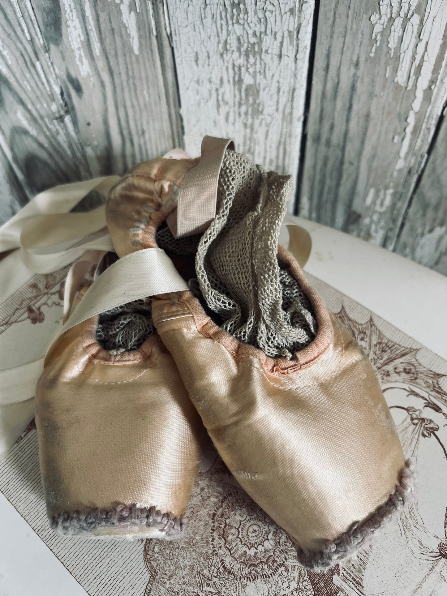 A pair of deliciously tatty old ballet pointes. (Pair 2.)