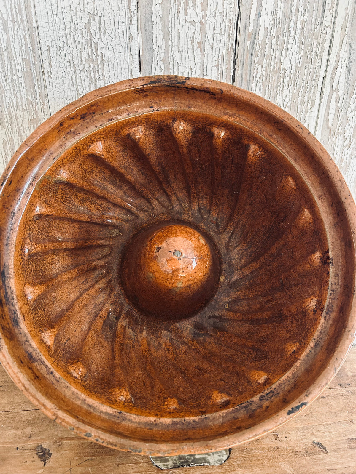 Antique large French terracotta glazed kitchen mold.
