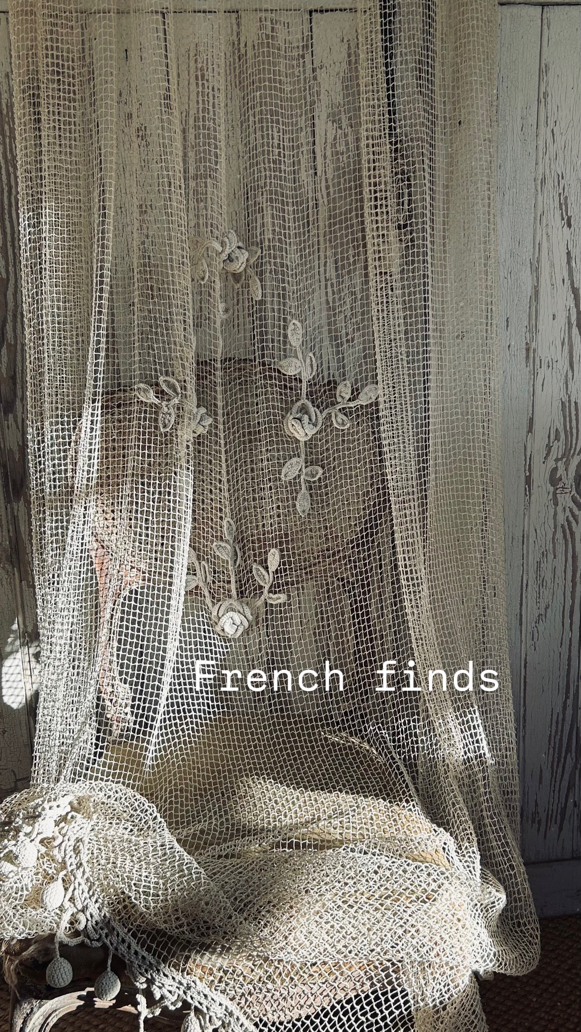 Antique french filet and crochet lace panel