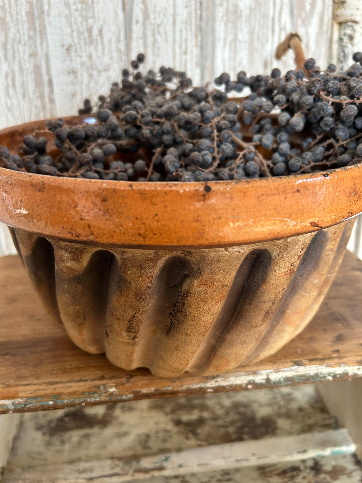Antique large French terracotta glazed kitchen mold.