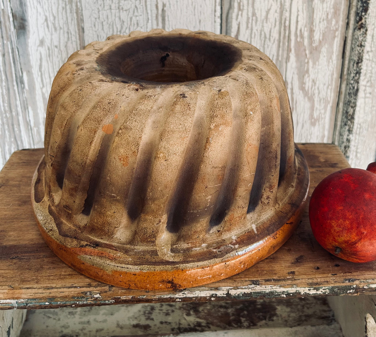 Antique large French terracotta glazed kitchen mold.