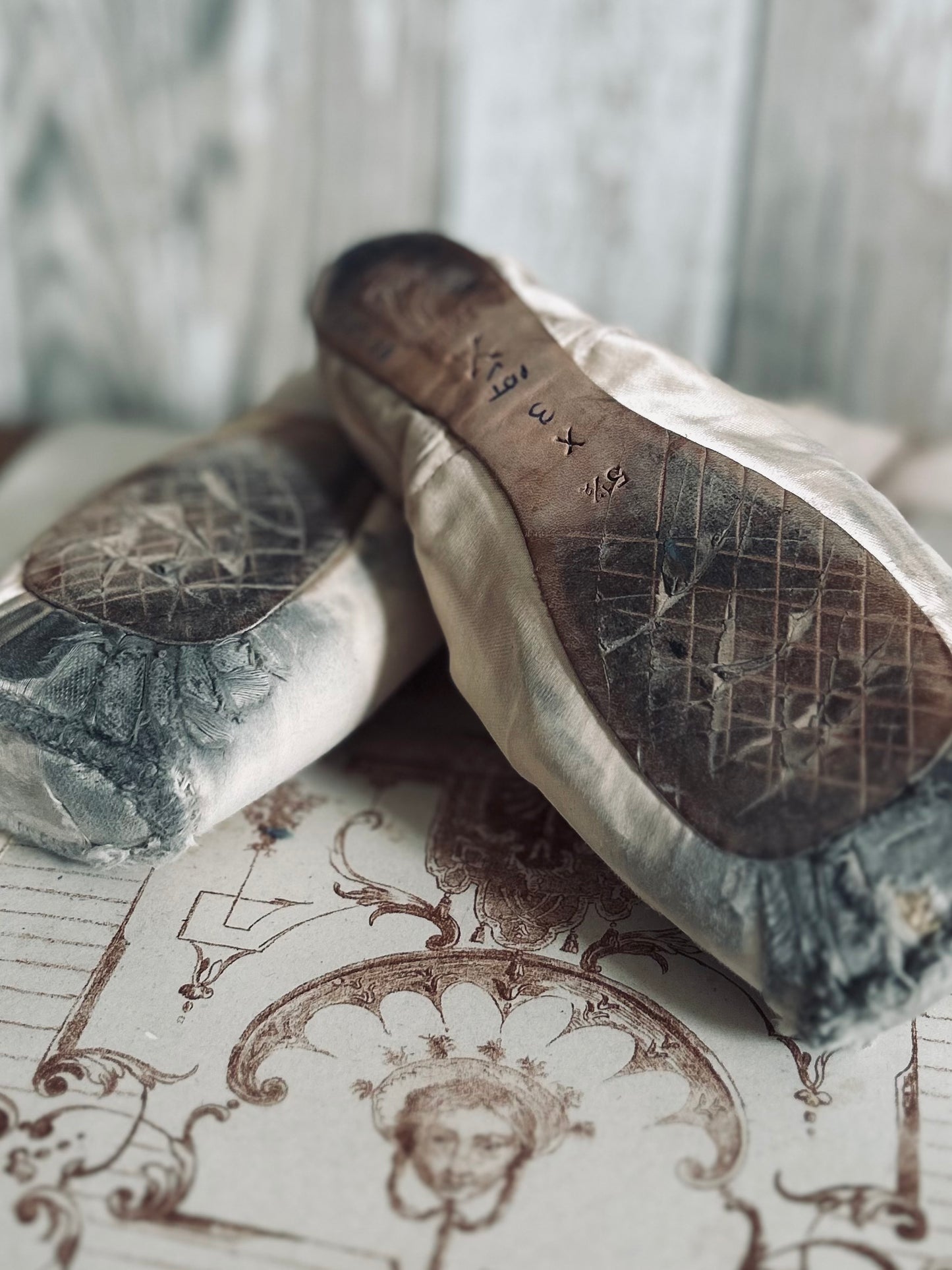 A pair of deliciously tatty old ballet pointes. (Pair 1)