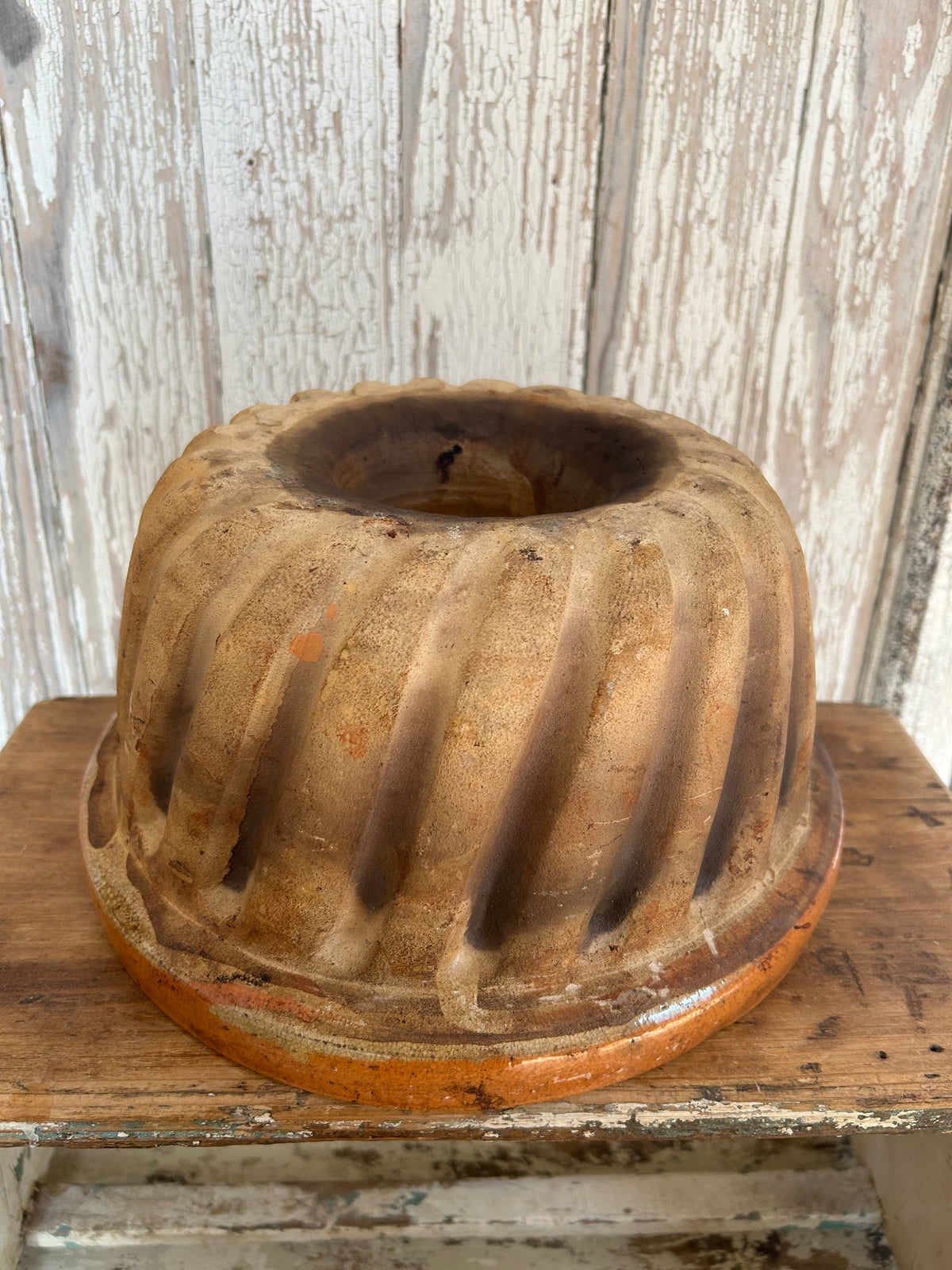 Antique large French terracotta glazed kitchen mold.