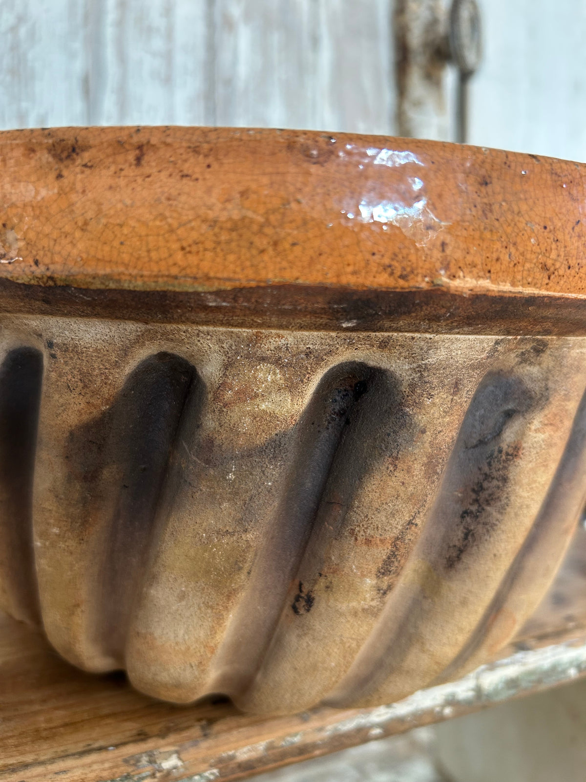 Antique large French terracotta glazed kitchen mold.