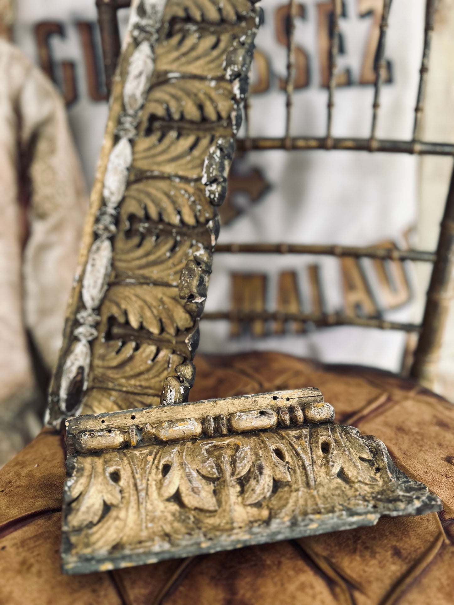Antique giltwood and gesso  carved architectural fragments.