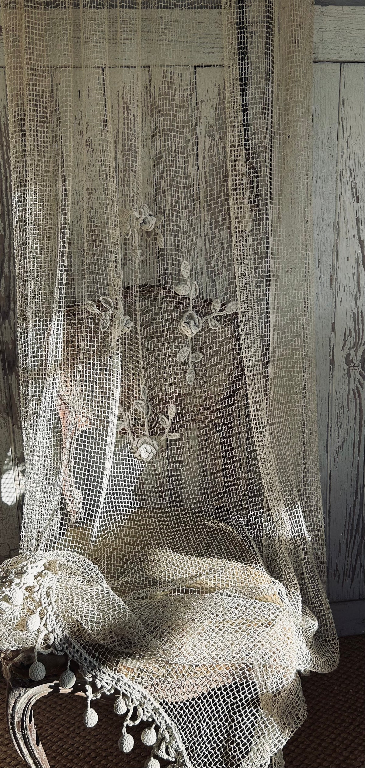 Antique french filet and crochet lace panel