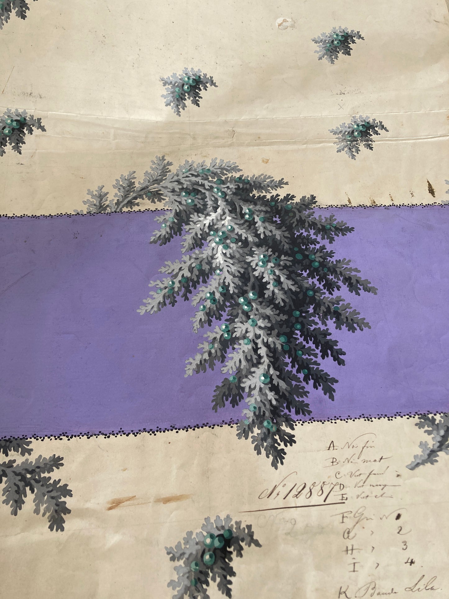Antique 1850s french textile designs, hand painted.