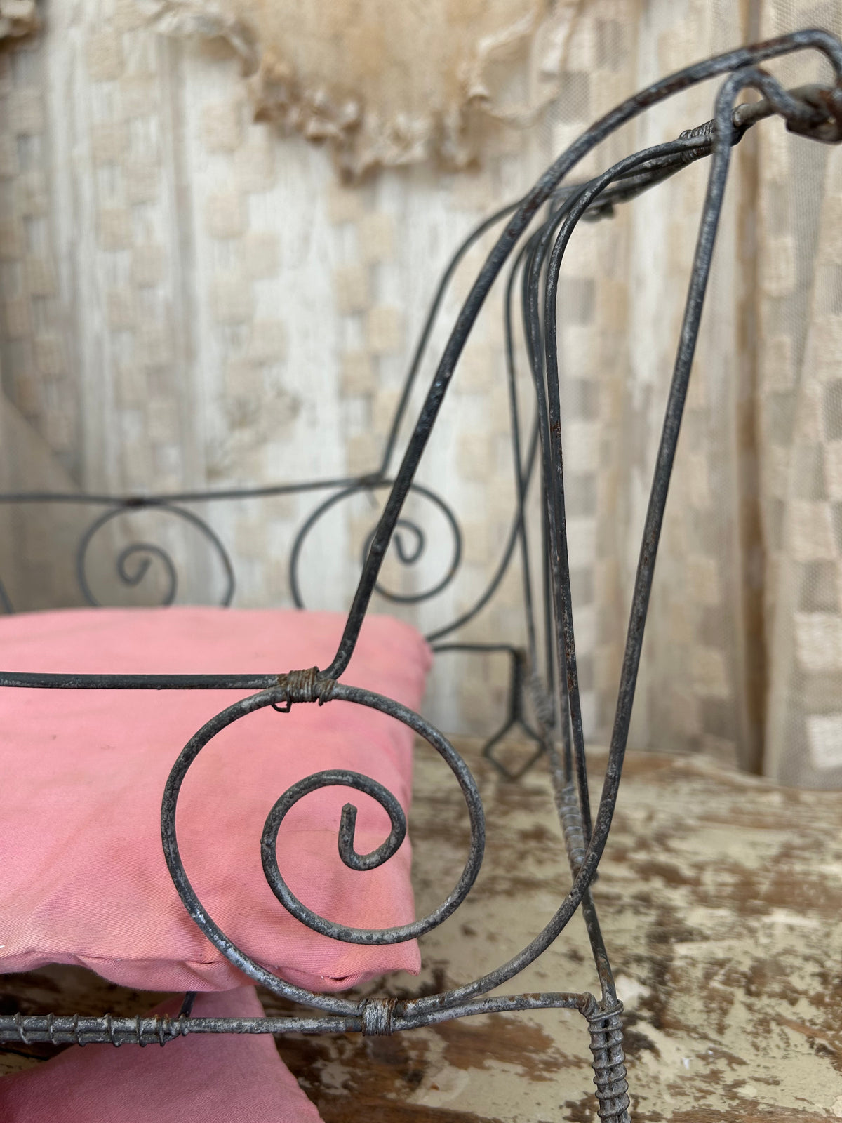 French antique doll bed with original mattress and pillows.