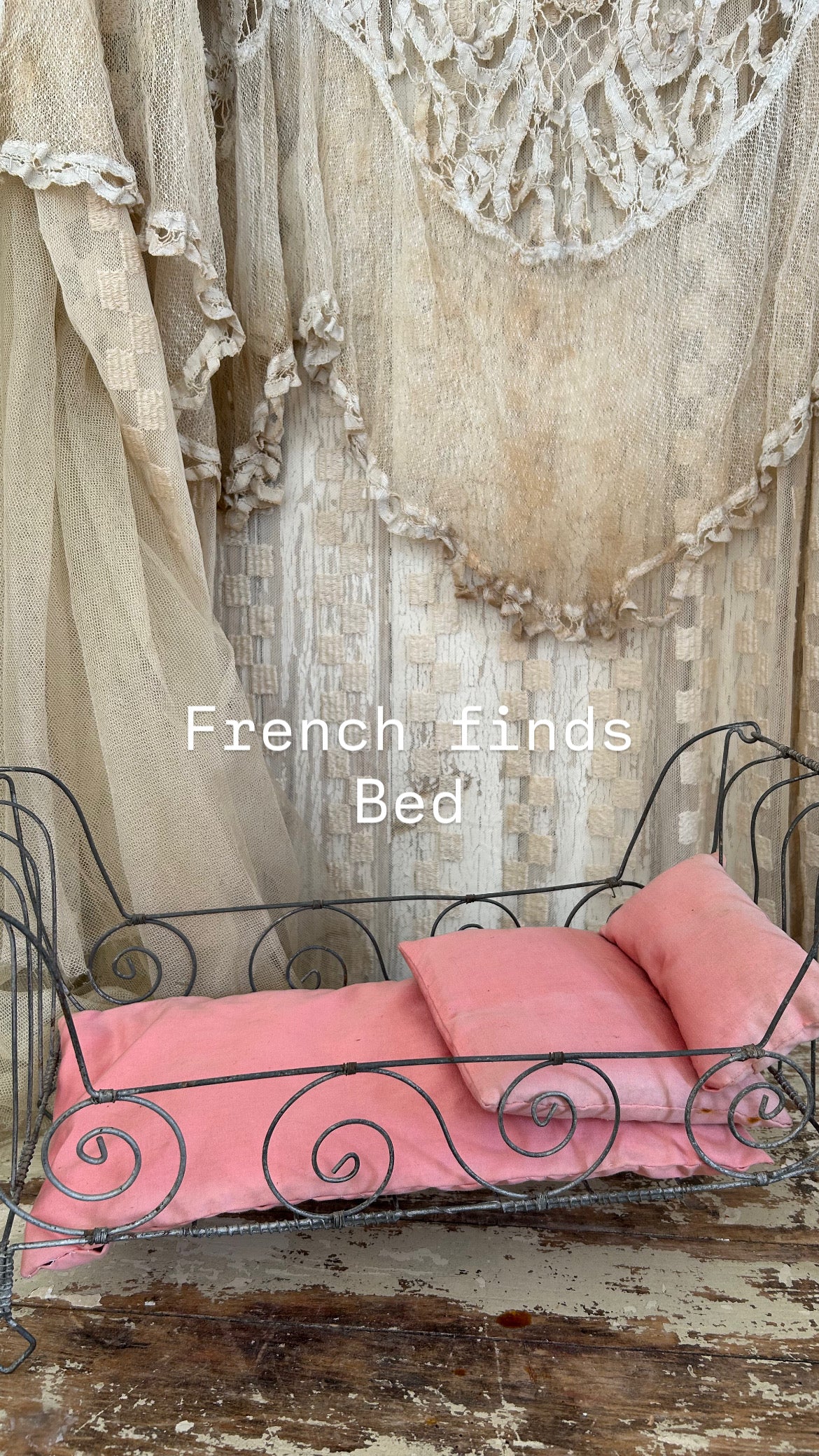 French antique doll bed with original mattress and pillows.