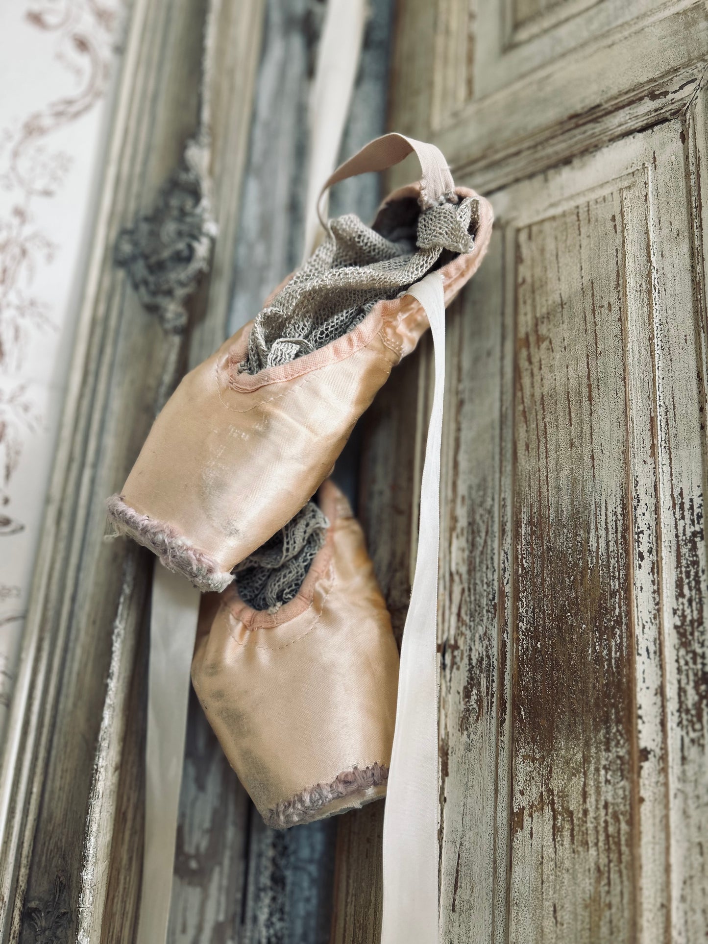 A pair of deliciously tatty old ballet pointes. (Pair 2.)