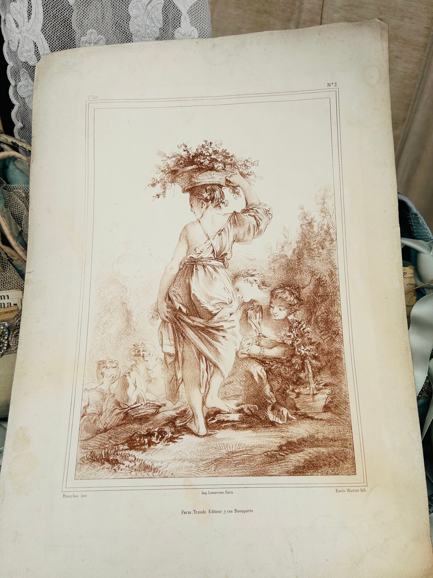Antique, nineteenth century french rococco inspired lithograph