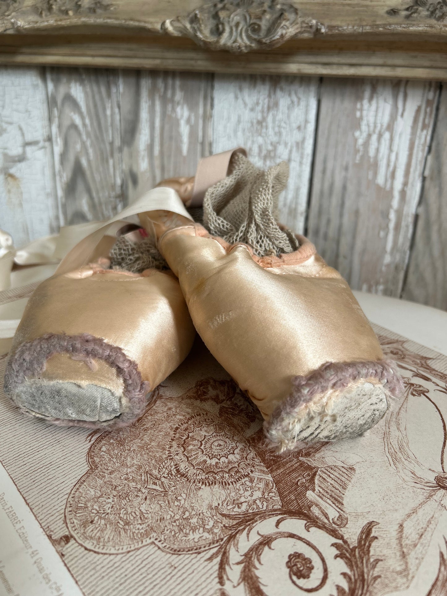 A pair of deliciously tatty old ballet pointes. (Pair 2.)