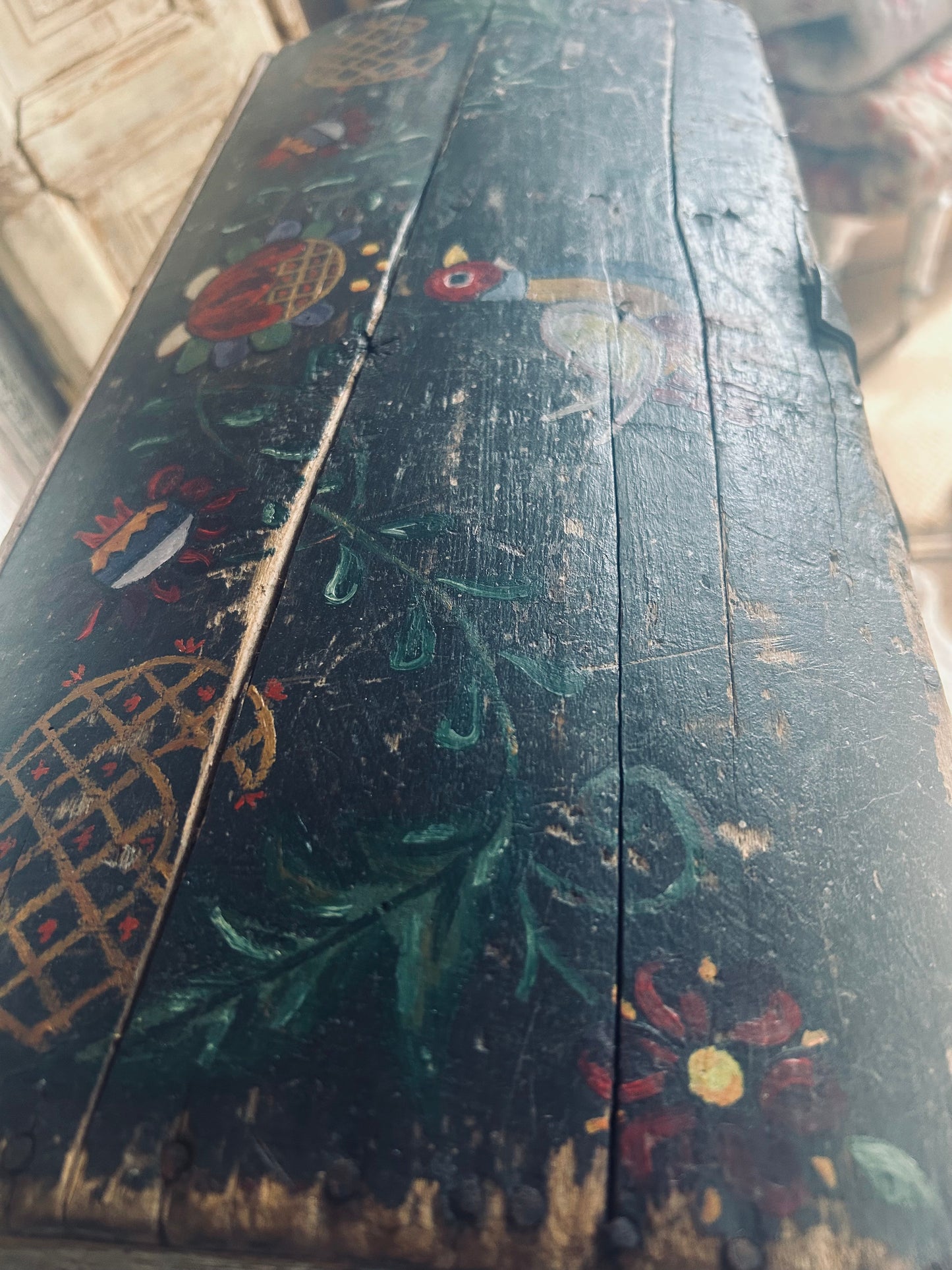Antique Normandy marriage chest. Folk art.