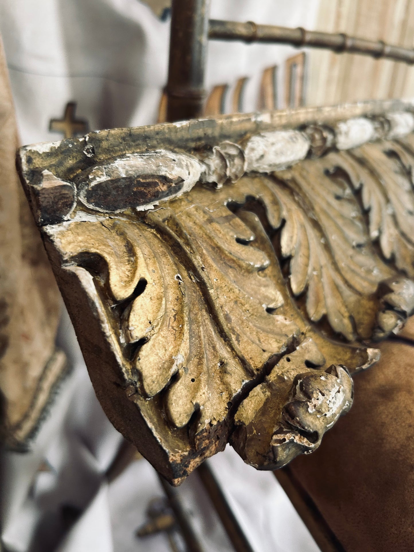 Antique giltwood and gesso  carved architectural fragments.