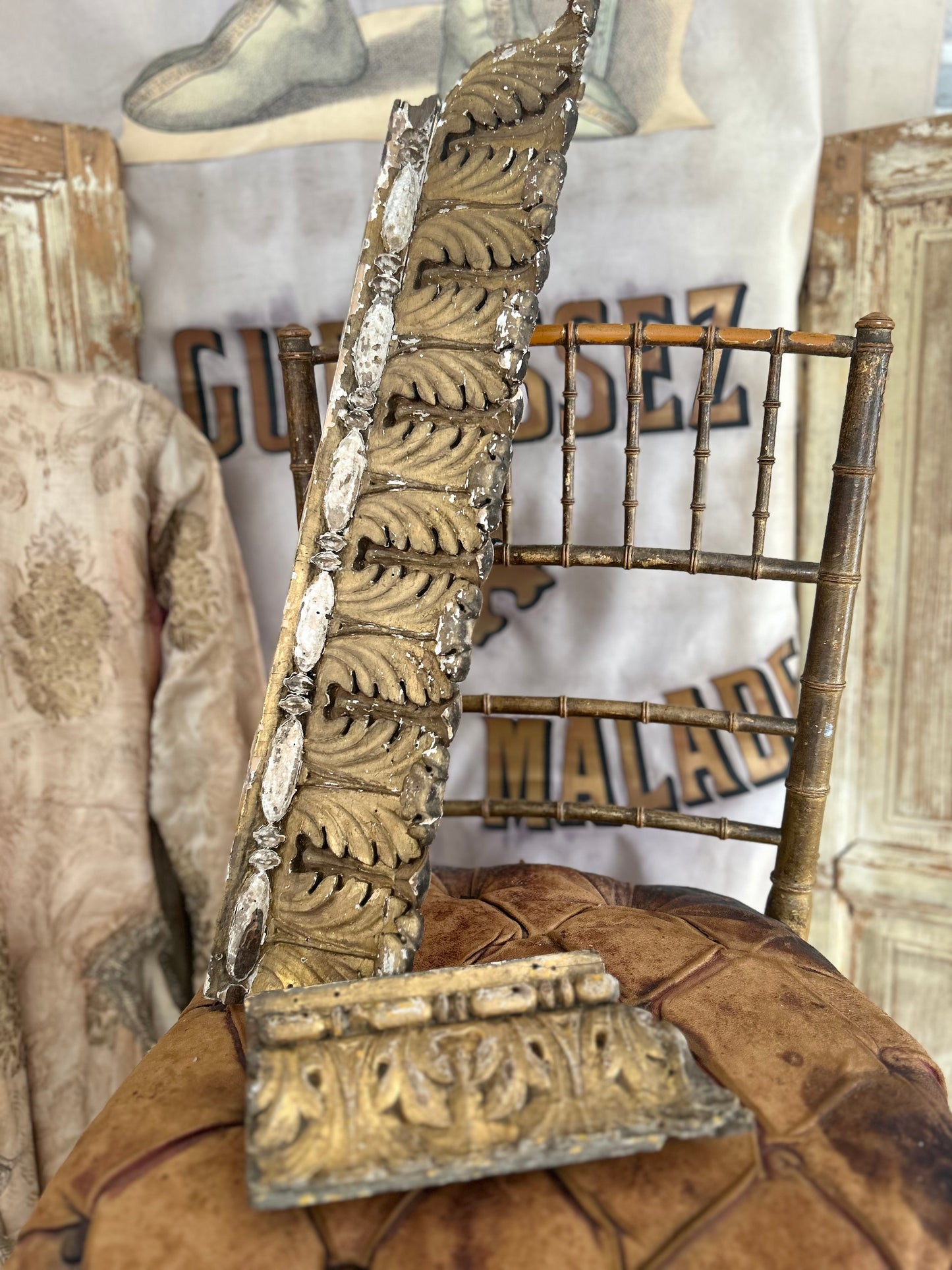Antique giltwood and gesso  carved architectural fragments.