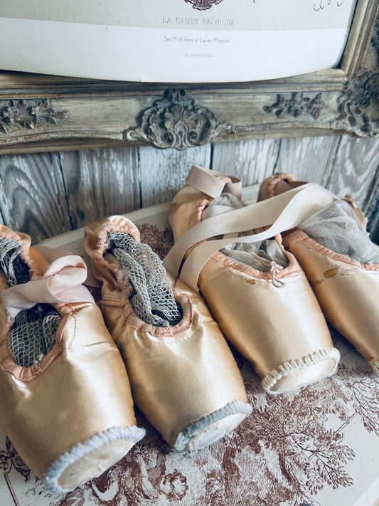 Two pairs of deliciously tatty ballet pointes. (Set 3.)