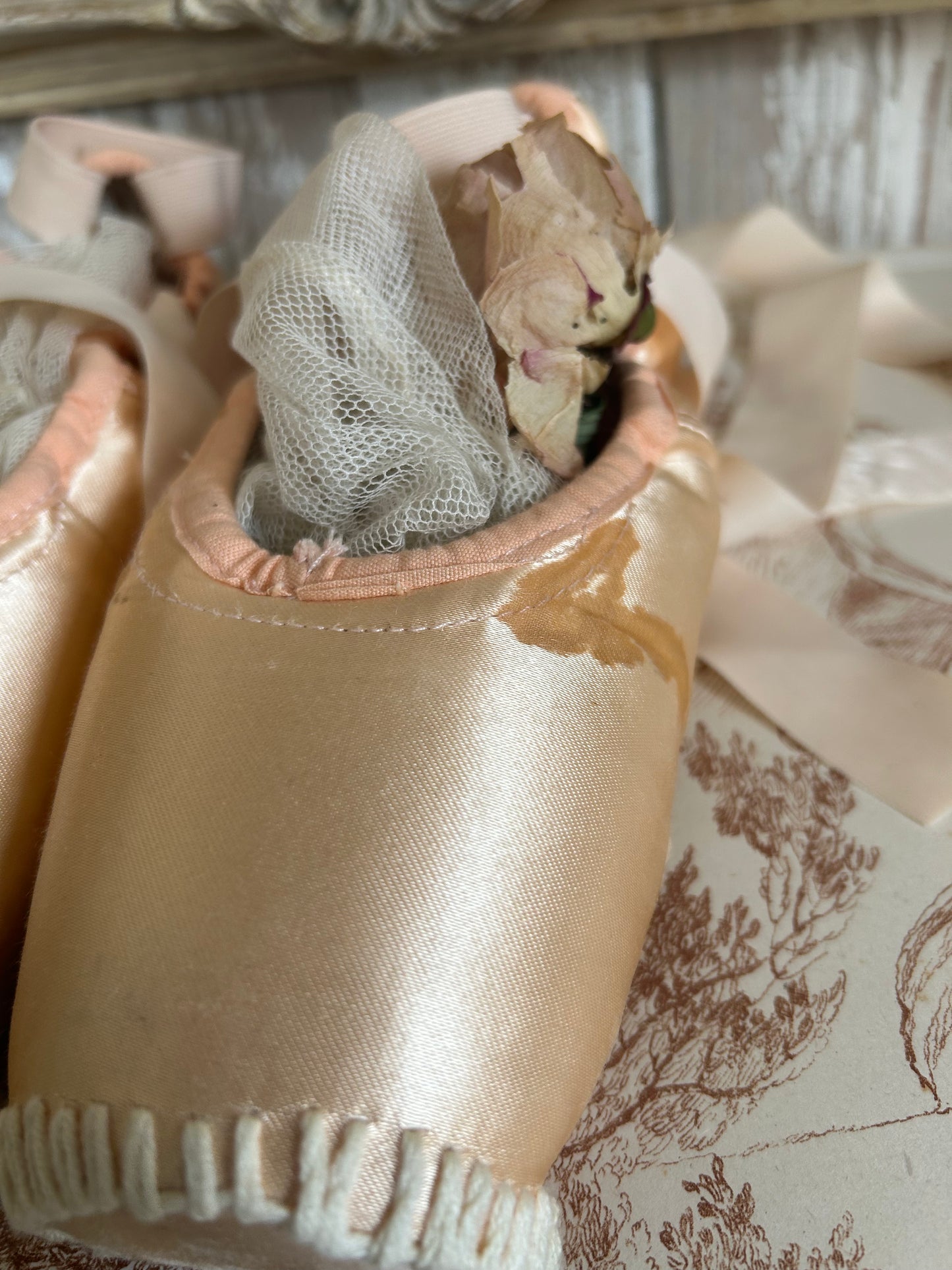 Two pairs of deliciously tatty ballet pointes. (Set 3.)