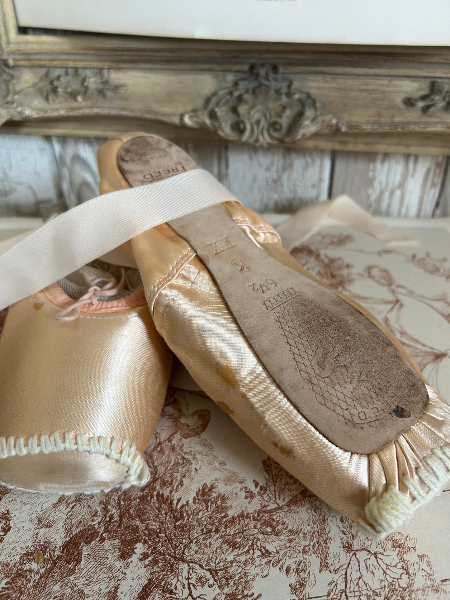 Two pairs of deliciously tatty ballet pointes. (Set 3.)