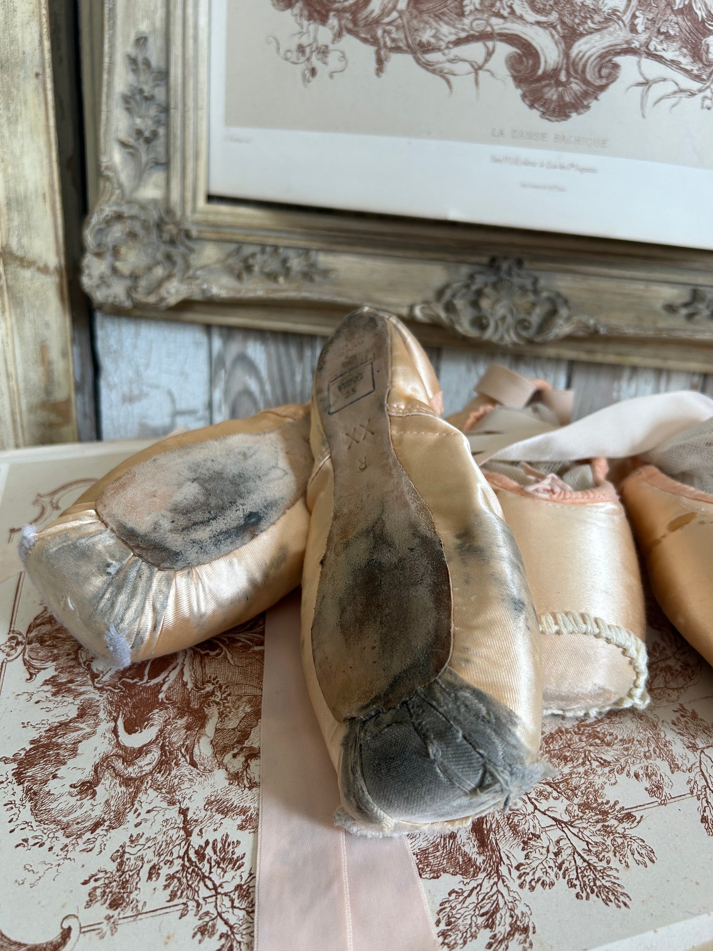Two pairs of deliciously tatty ballet pointes. (Set 3.)