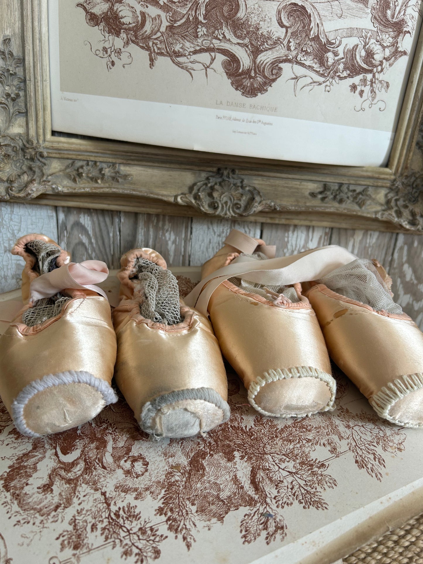 Two pairs of deliciously tatty ballet pointes. (Set 3.)